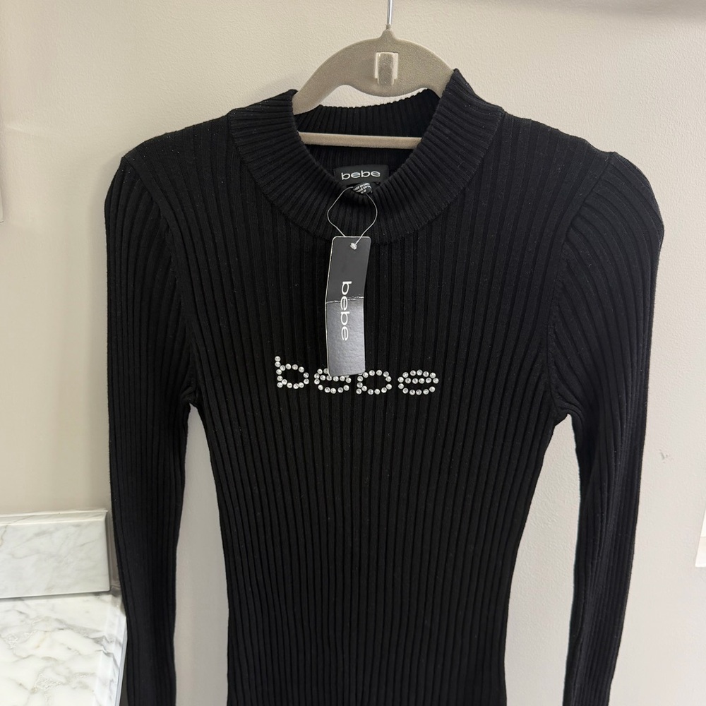 Bebe Black Long Sleeve Ribbed Tee